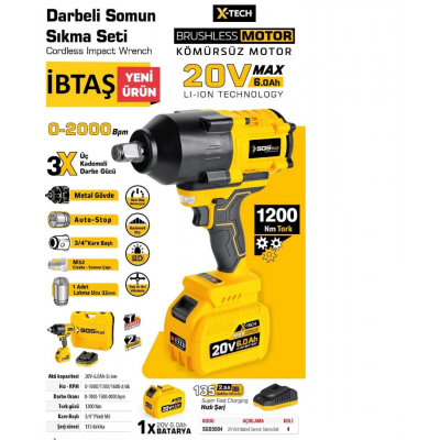 SGS5504 - 3/4 - 20 Volt 6 Amper 1200 Nm Tork Akülü Darbeli Somun Sıkma Sökme Makina Seti Tek Akülü